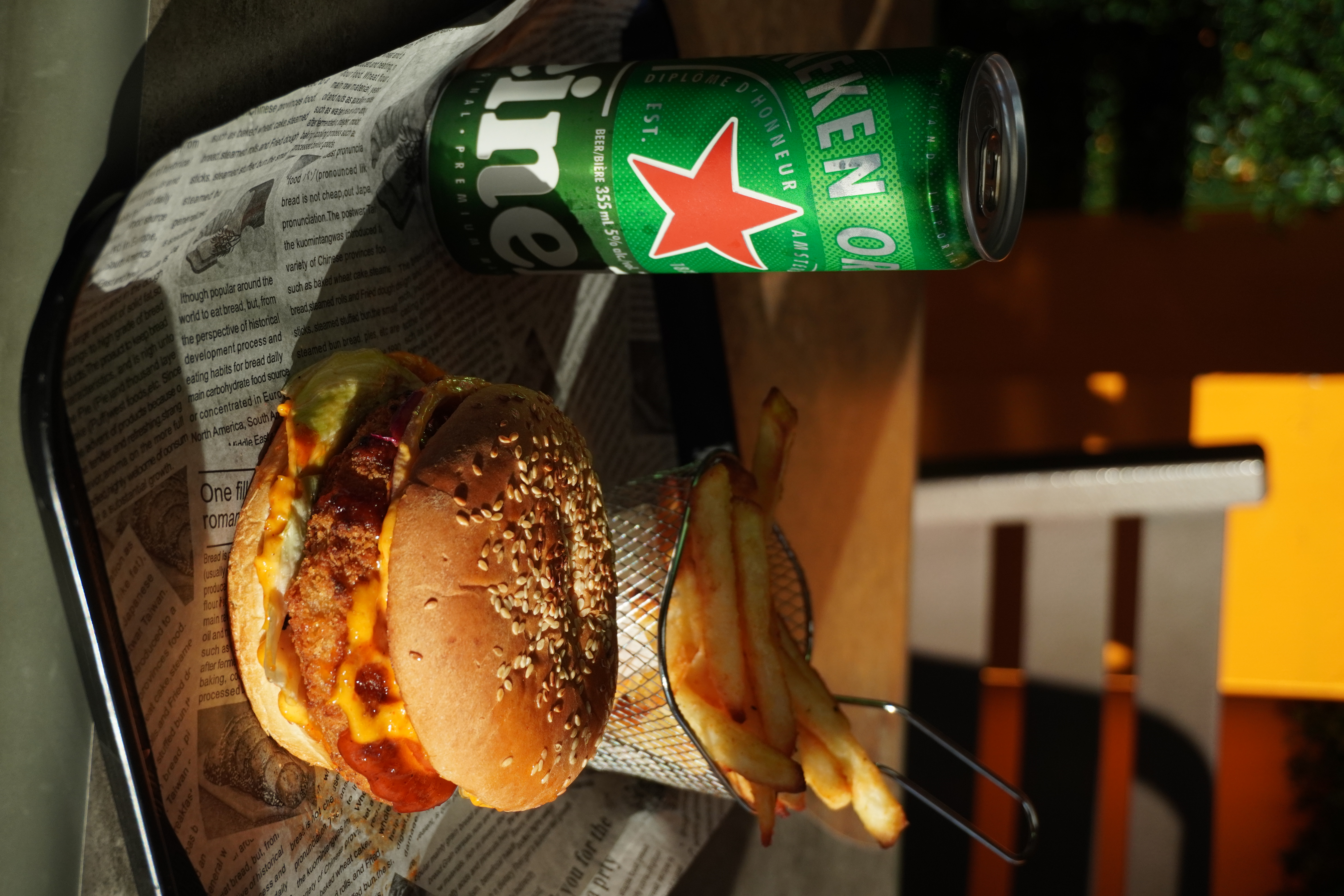 Burger Bar White Rock — burger with Heineken and fries